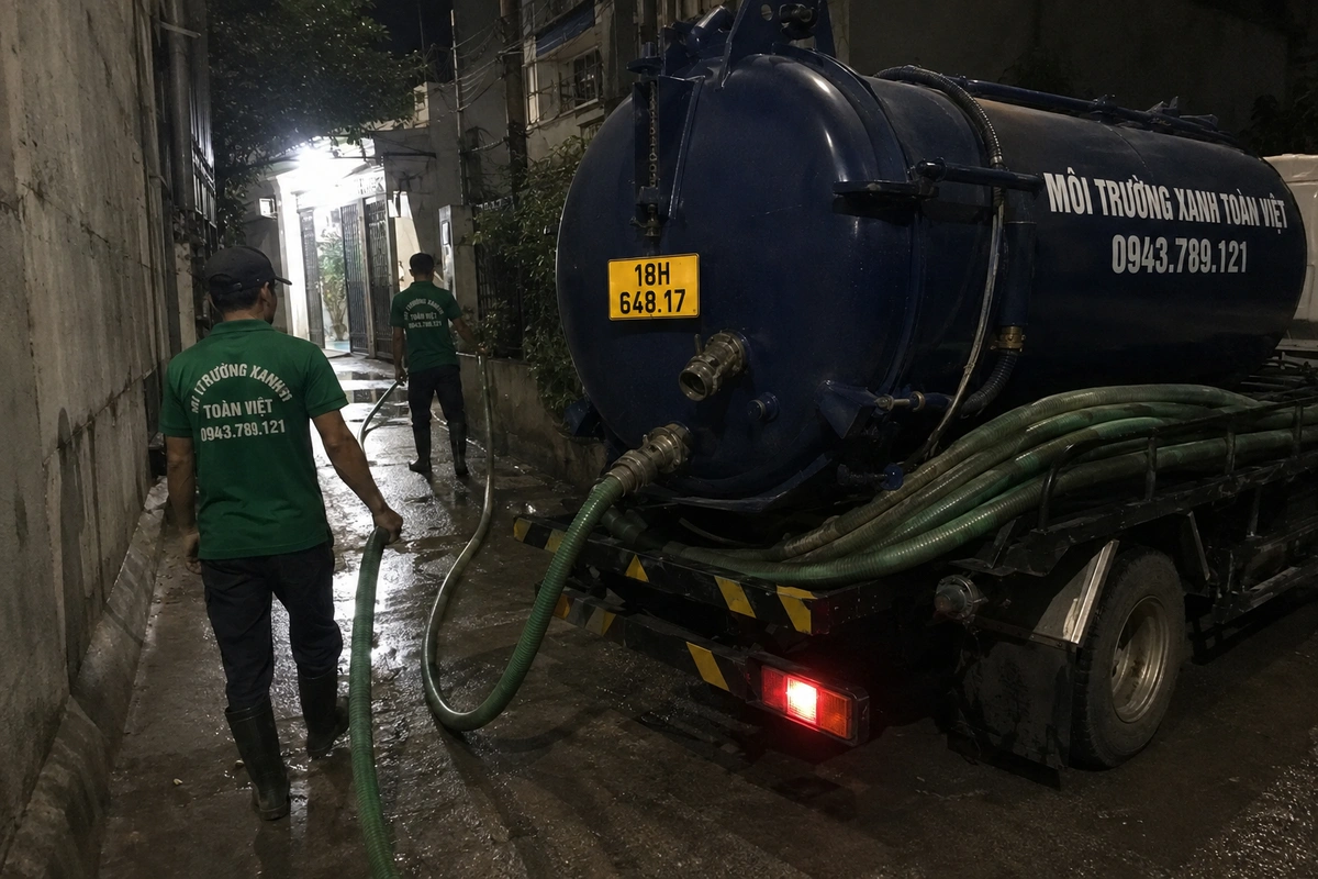 Xe hút bể phốt làm việc tại khu dân cư