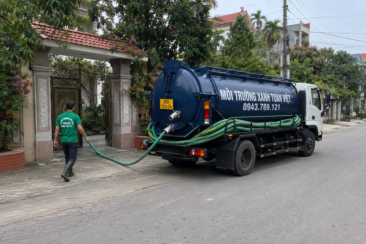 Xe hút bể phốt chuyên dụng cùng đường ống phục vụ công trình