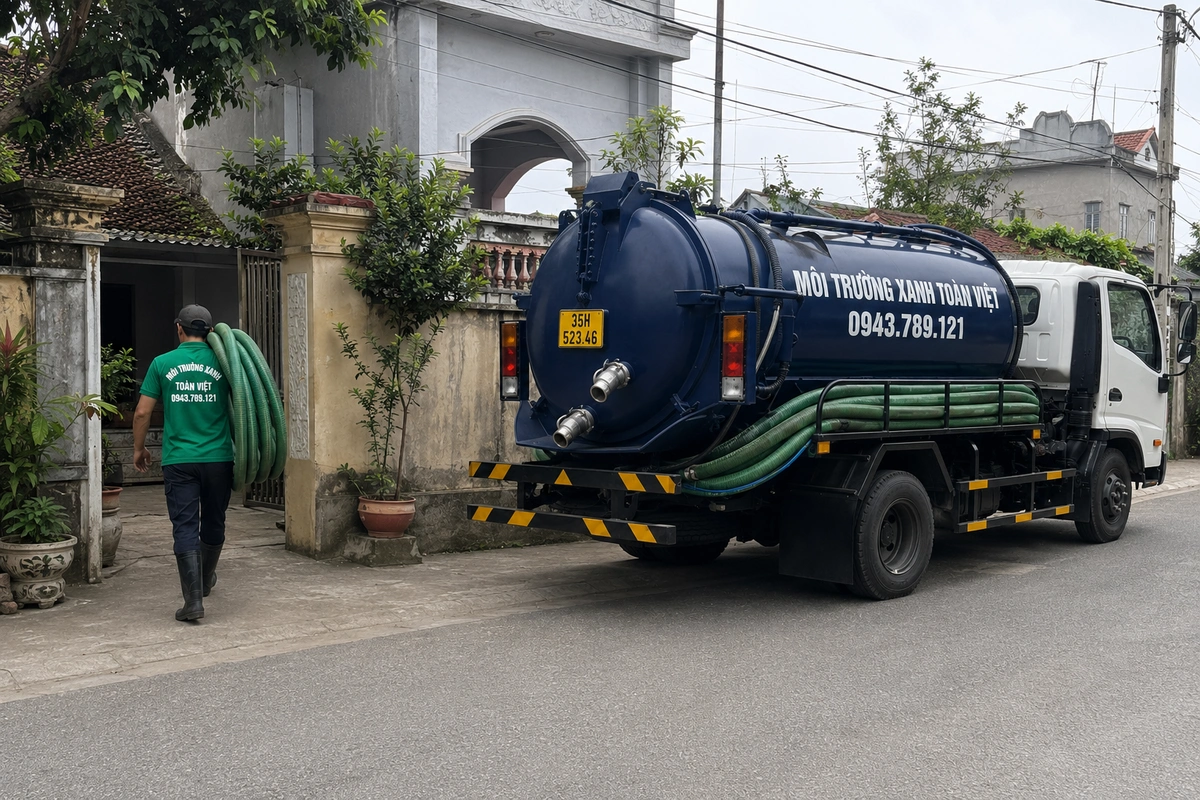Xe hút bể phốt làm việc tại khu dân cư