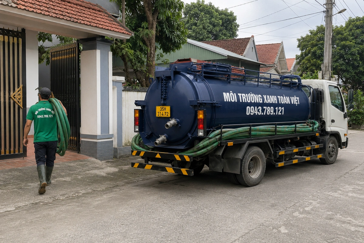Xe hút bể phốt chuyên dụng cùng đường ống phục vụ công trình