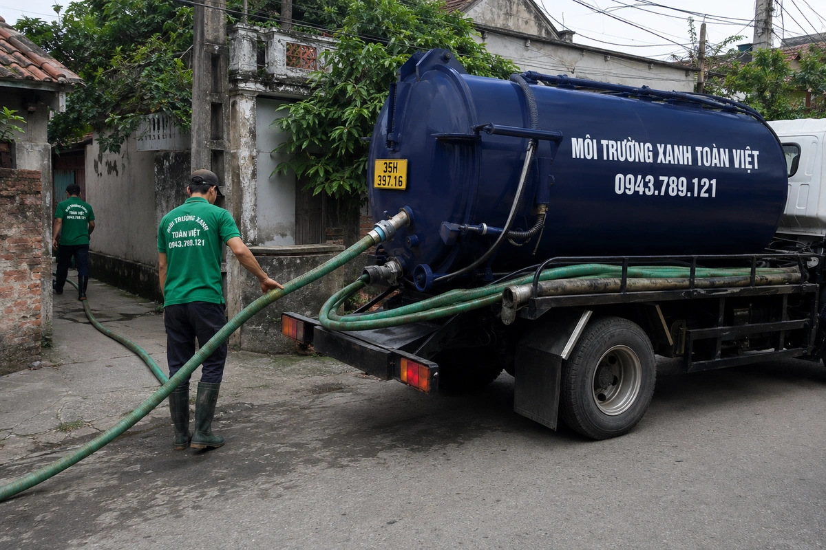 Xe hút bể phốt làm việc tại khu dân cư