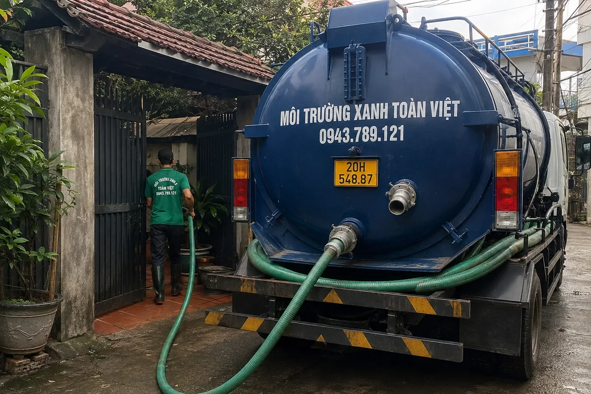 Hút Bể Phốt Tại Phổ Yên | Báo Trước | Xanh Toàn Việt 11 Xe hút bể phốt làm việc tại khu dân cư