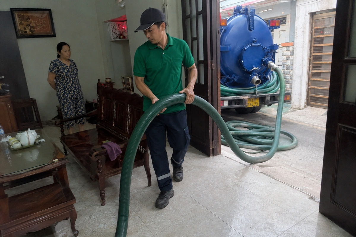 Nhân viên thực hiện hút bể phốt tại công trình