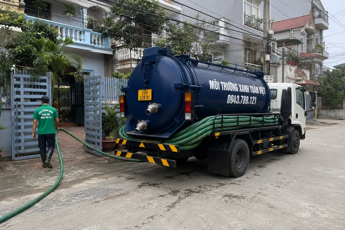 Xe hút bể phốt chuyên dụng cùng đường ống phục vụ công trình