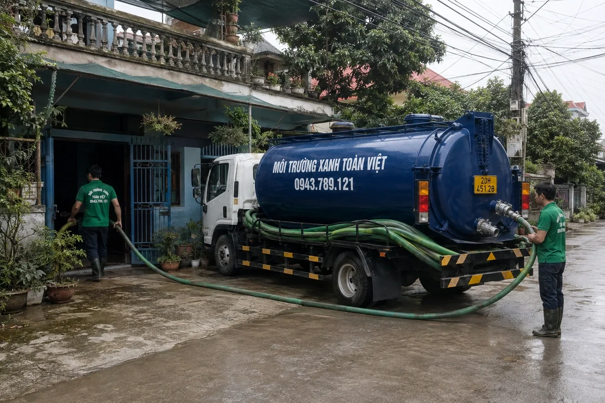Xe hút bể phốt làm việc tại khu dân cư