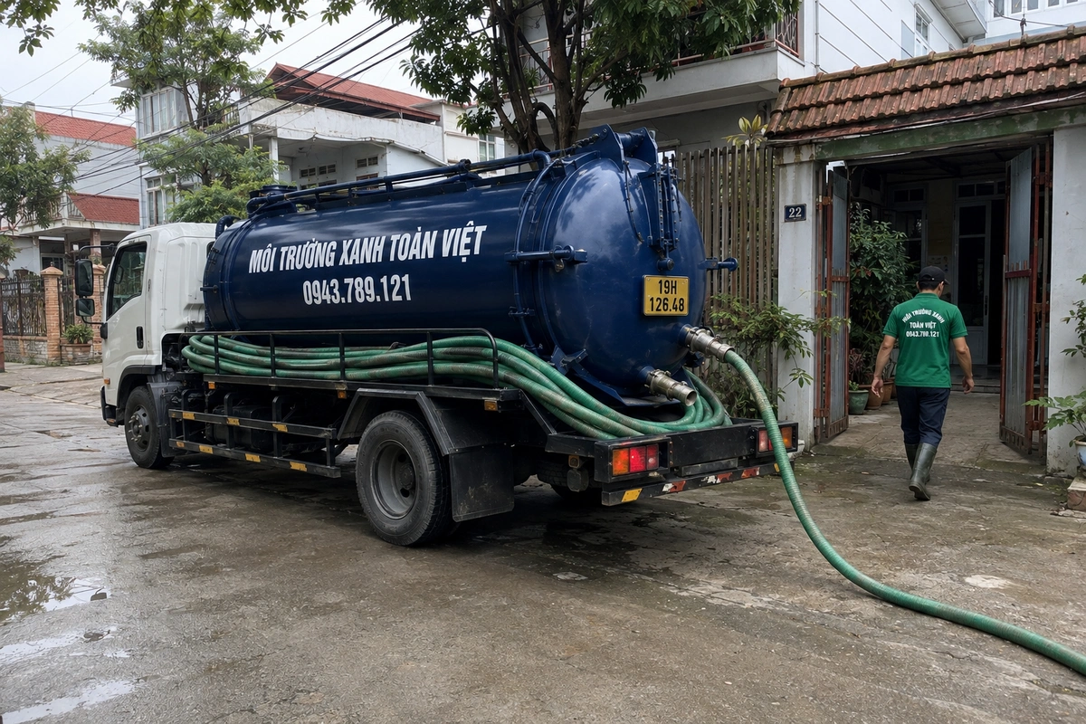 Hút Bể Phốt Tại Phù Ninh 24/7 | Môi Trường Xanh Toàn Việt 10 Xe hút bể phốt làm việc tại khu dân cư