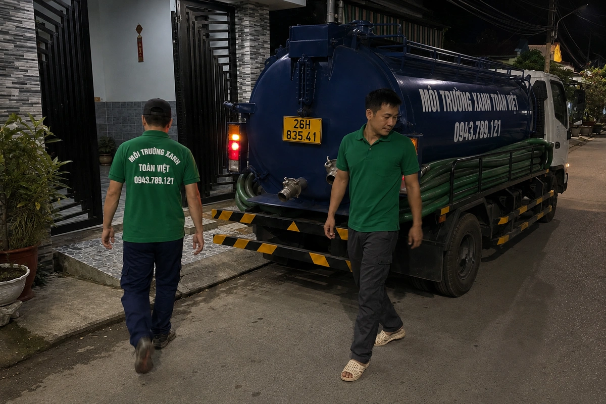 Xe hút bể phốt chuyên dụng cùng đường ống phục vụ công trình