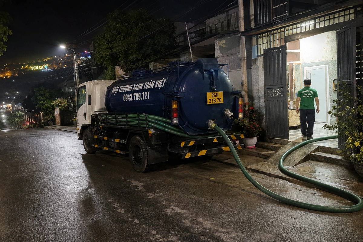 Xe hút bể phốt làm việc tại khu dân cư