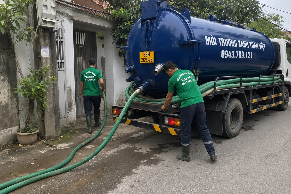 Nhân viên triển khai đường ống từ xe hút bể phốt