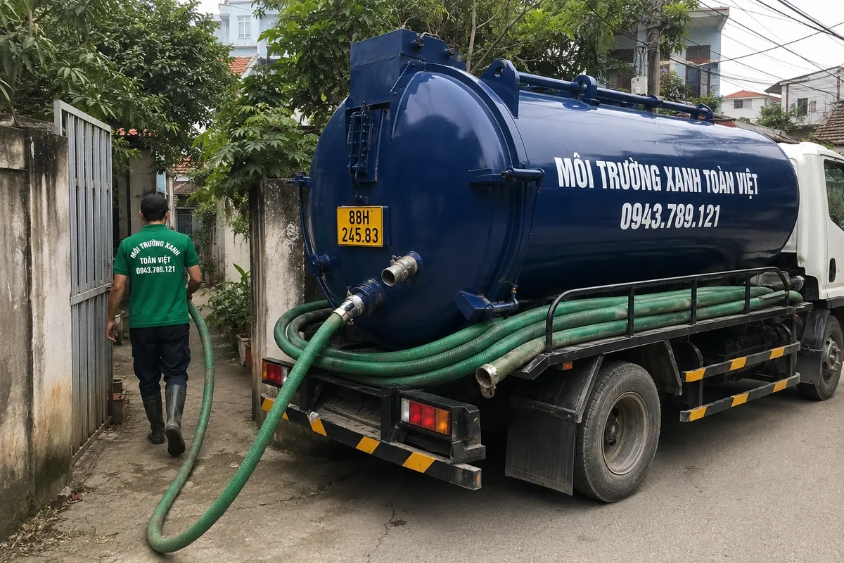 Xe hút bể phốt đỗ tại khu dân cư để làm việc