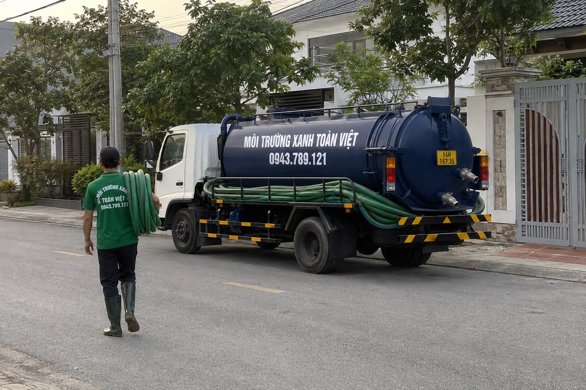 Xe hút bể phốt chuyên dụng cùng đường ống phục vụ công trình