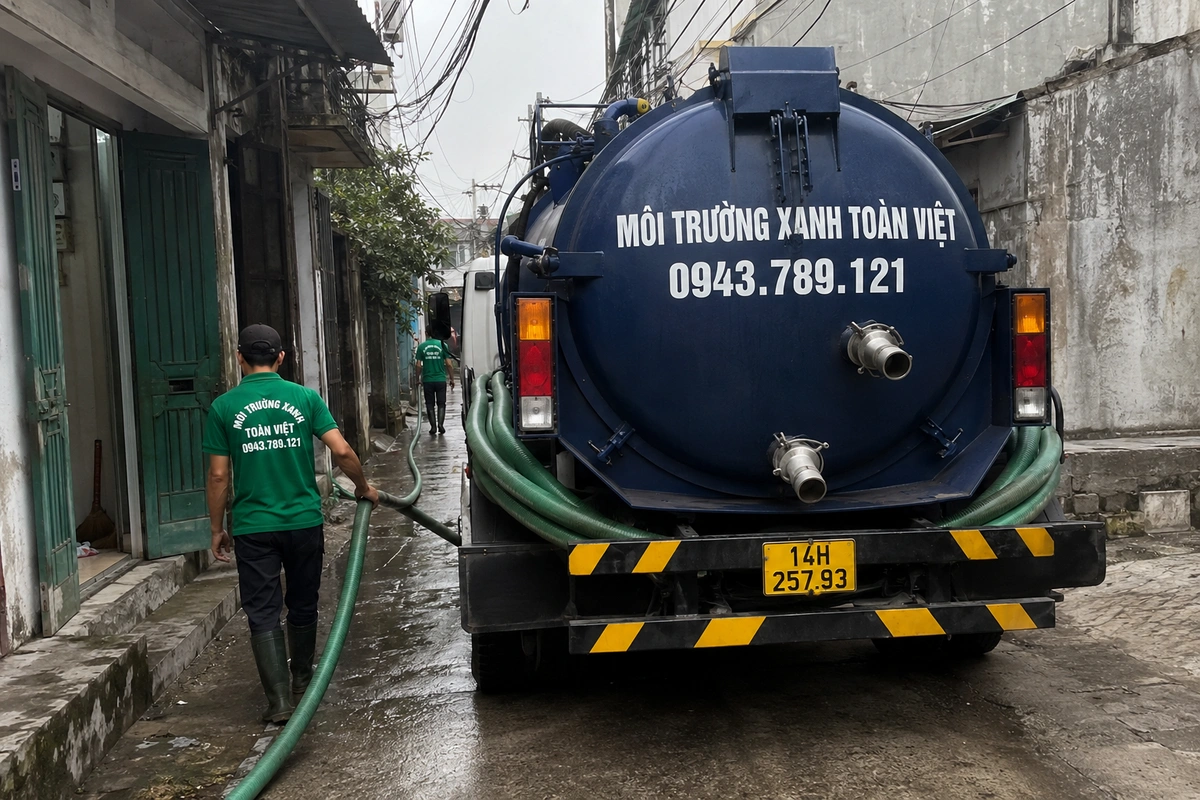 Xe hút bể phốt chuyên dụng cùng đường ống phục vụ công trình