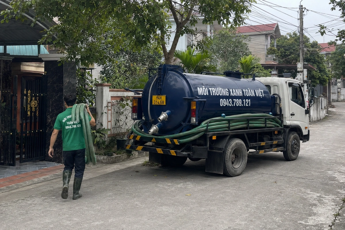 Xe hút bể phốt làm việc tại khu dân cư