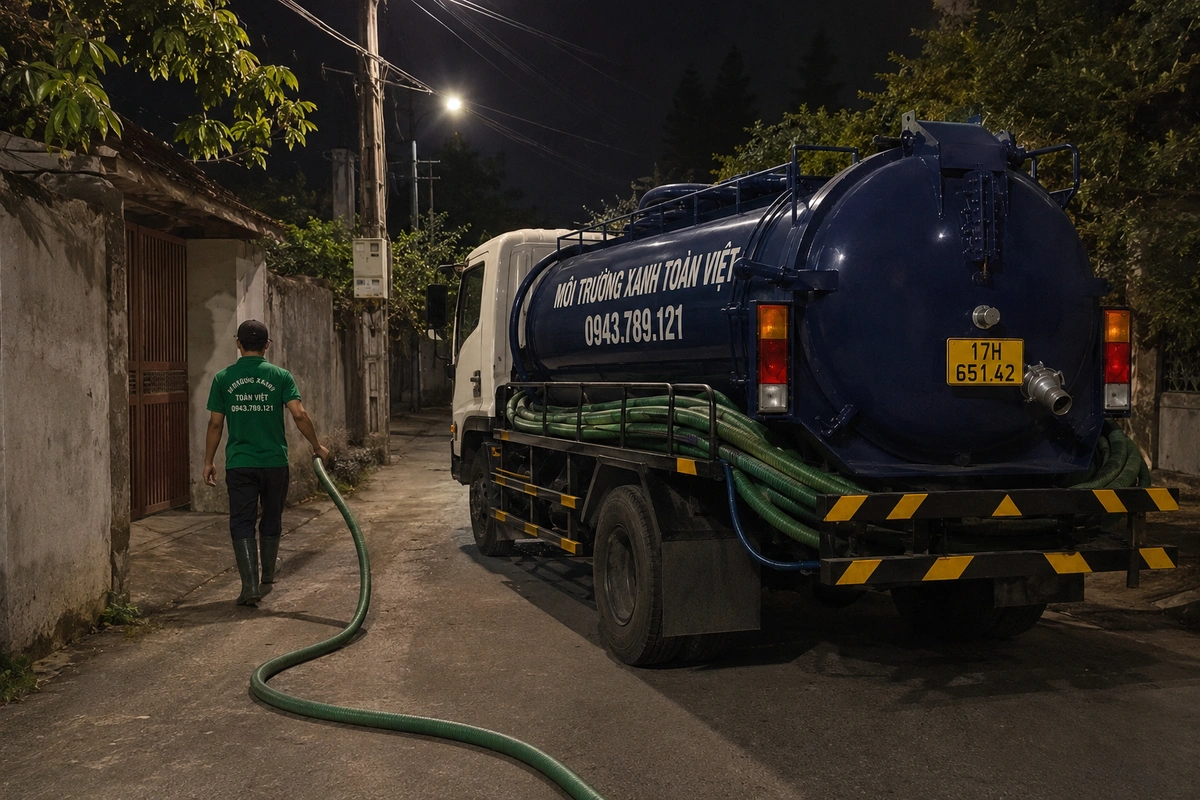 Hút Bể Phốt Tại Quỳnh Phụ 24/7, Có Hóa Đơn | Xanh Toàn Việt 10 Xe hút bể phốt làm việc tại khu dân cư