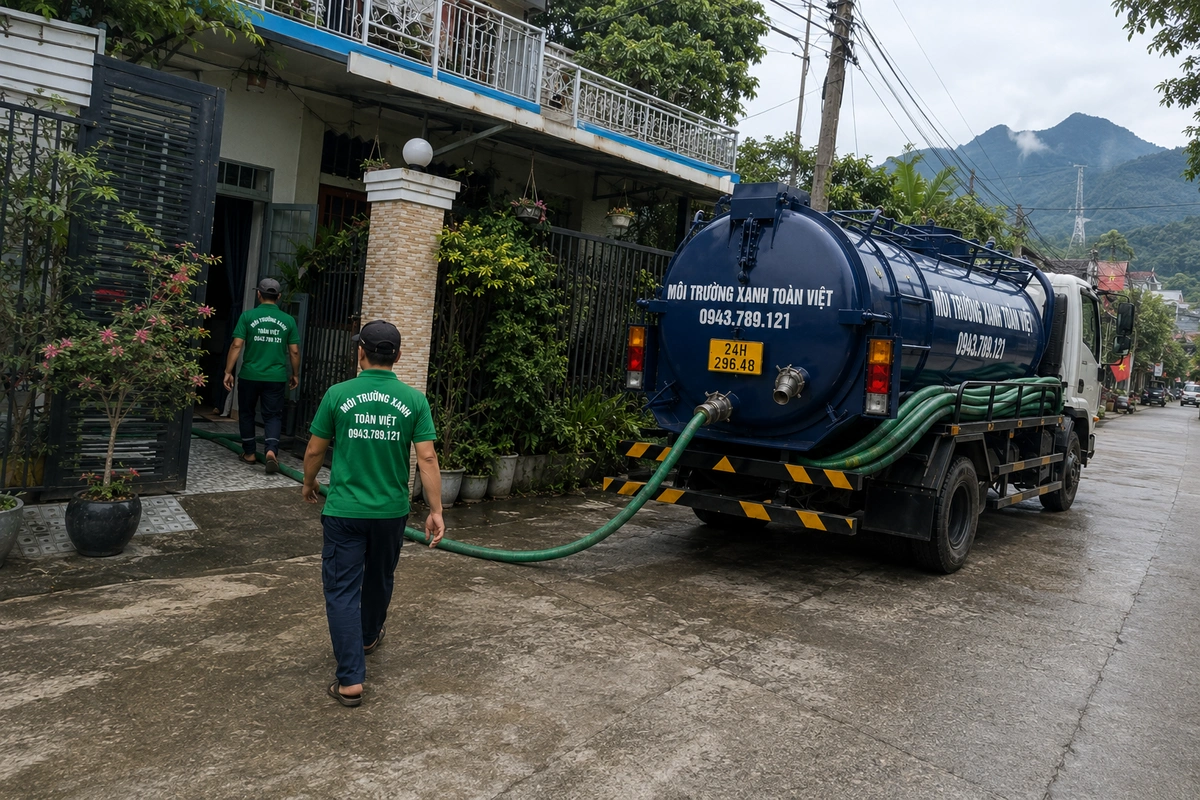 Hút Bể Phốt Tại Si Ma Cai, Trực 24/7 | Môi Trường Xanh 11 Xe hút bể phốt làm việc tại khu dân cư