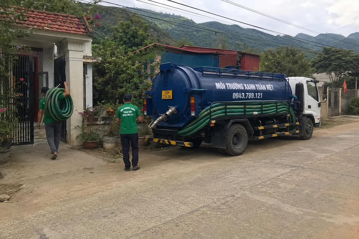 Nhân viên triển khai đường ống hút tại công trình
