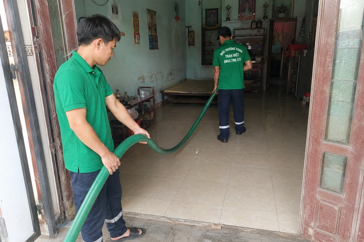 Nhân viên thực hiện hút bể phốt tại công trình