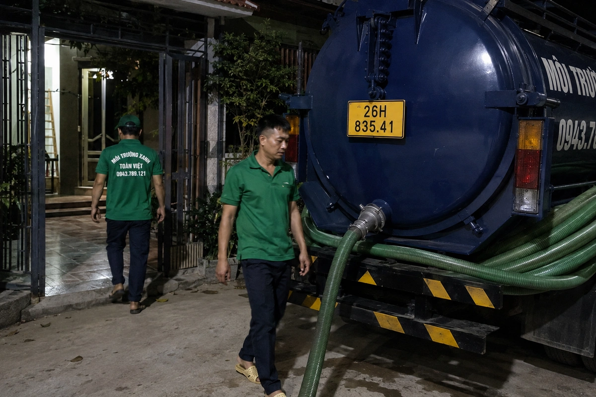 Xe hút bể phốt chuyên dụng cùng đường ống phục vụ công trình