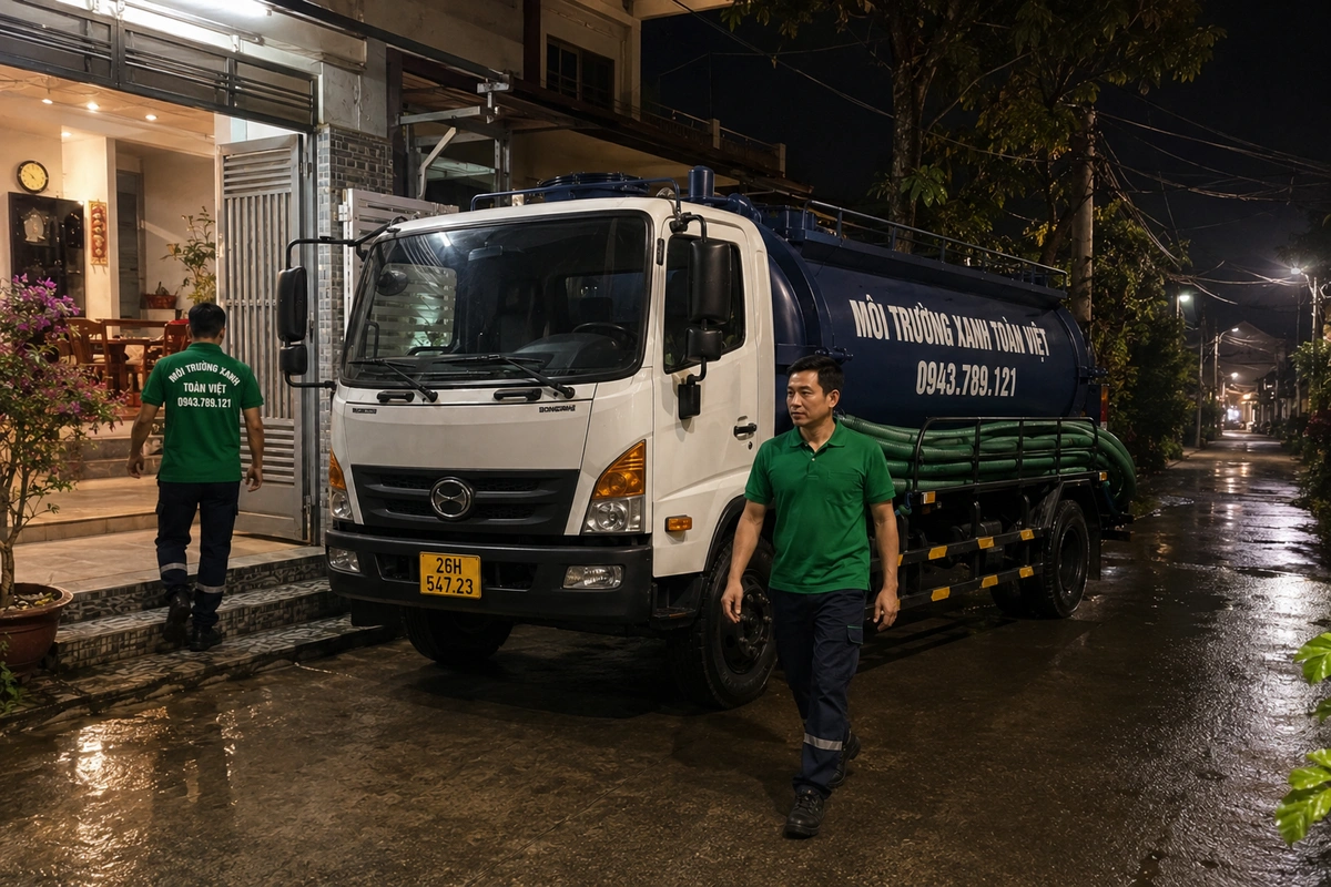 Xe hút bể phốt làm việc tại khu dân cư