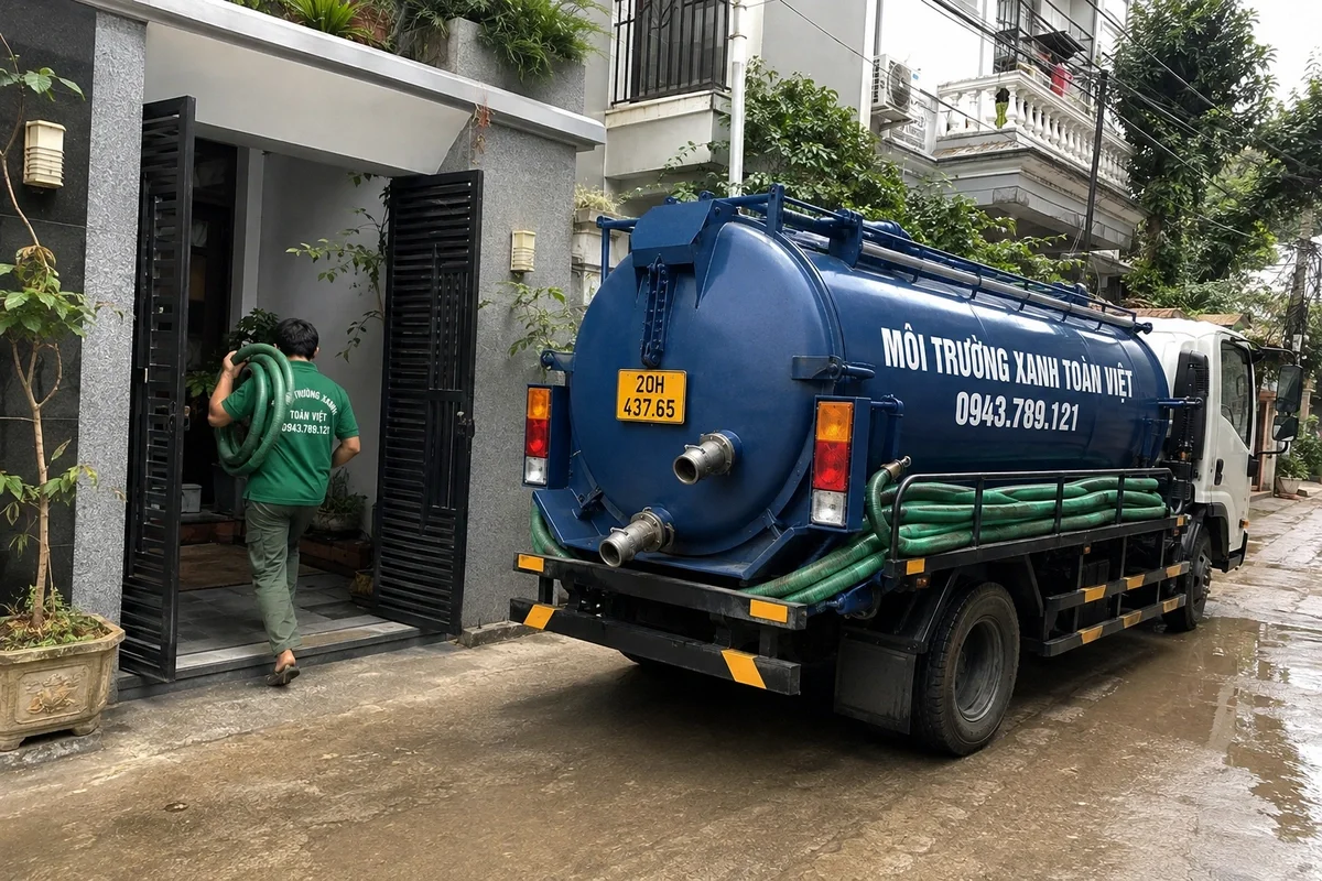 Hút Bể Phốt Tại Sông Công | Kiểm Tra | Xanh Toàn Việt 11 Xe hút bể phốt làm việc tại khu dân cư