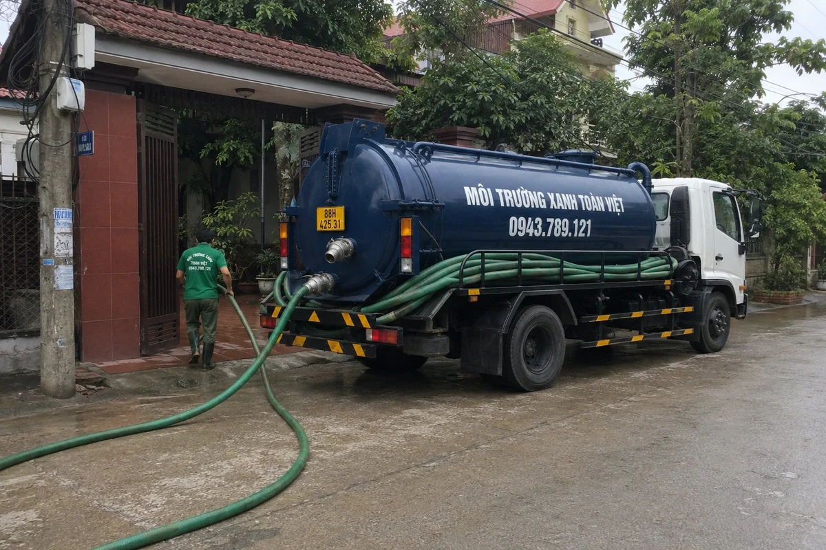 Nhân viên triển khai đường ống từ xe hút bể phốt