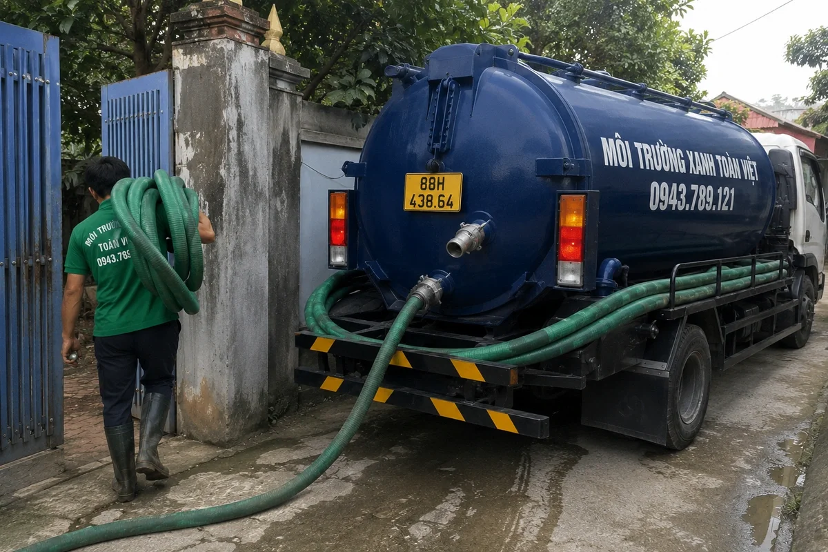 Xe hút bể phốt đỗ tại khu dân cư để làm việc
