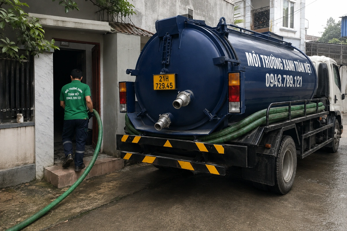 Hút Bể Phốt Tại Lục Yên 24/7, Báo Giá Theo Khối Và Khối 10 Xe hút bể phốt đỗ tại khu dân cư để triển khai công việc