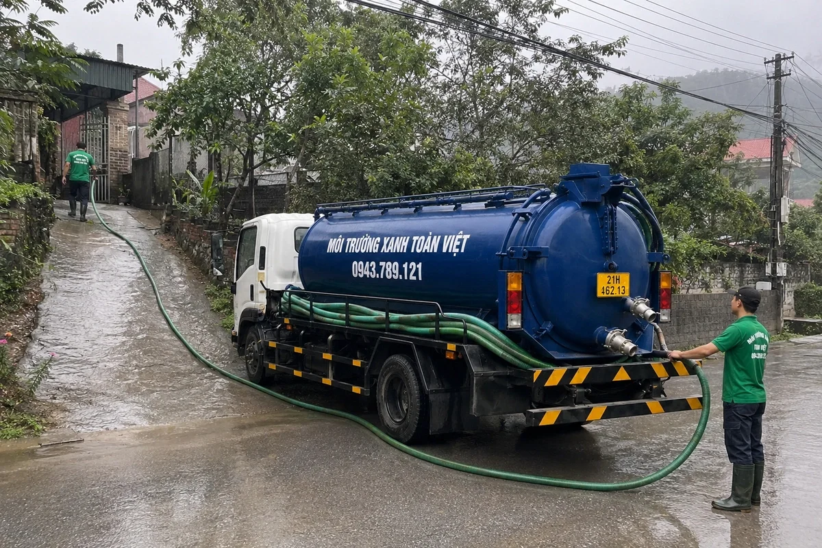 Xe hút bể phốt đỗ tại khu dân cư để triển khai công việc