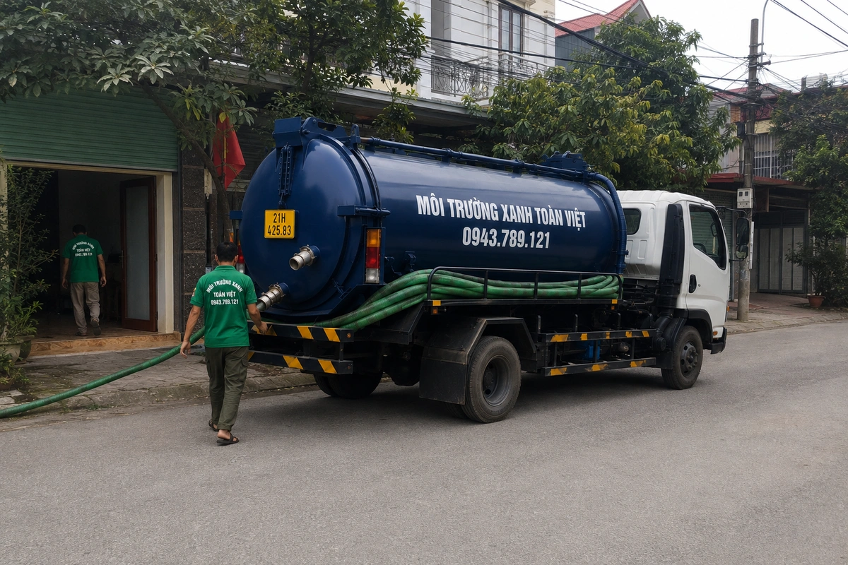 Xe hút bể phốt đỗ tại khu dân cư để triển khai công việc