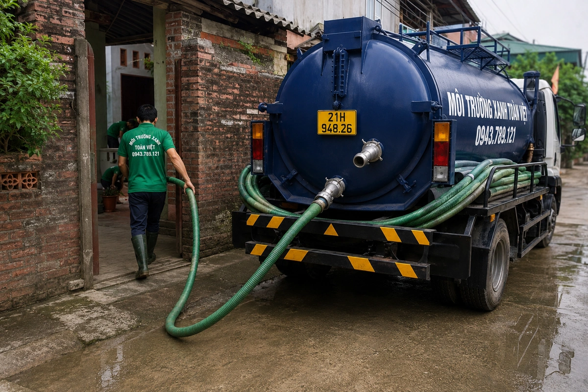 Hút Bể Phốt Tại Trạm Tấu 24/7, Báo Giá Theo Khối Và Khối 8 Xe hút bể phốt đỗ tại khu dân cư để triển khai công việc