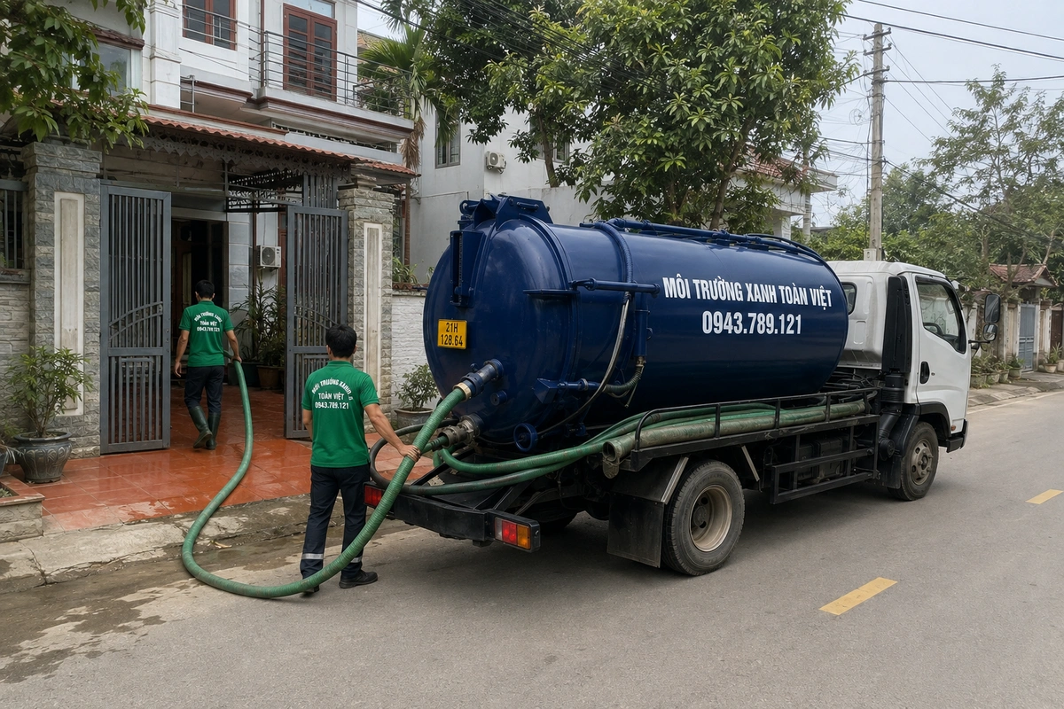 Xe hút bể phốt đỗ tại khu dân cư để triển khai công việc