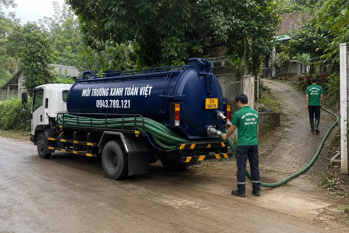 Hút Bể Phốt Tại Văn Chấn | Đo Khối Rõ | Xanh Toàn Việt 9 Xe hút bể phốt đỗ tại khu dân cư để triển khai công việc