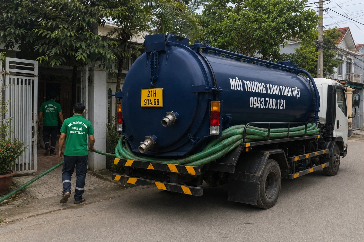 Hút Bể Phốt Tại Văn Yên 24/7, Báo Giá Theo Khối Và Khối 8 Xe hút bể phốt đỗ tại khu dân cư để triển khai công việc