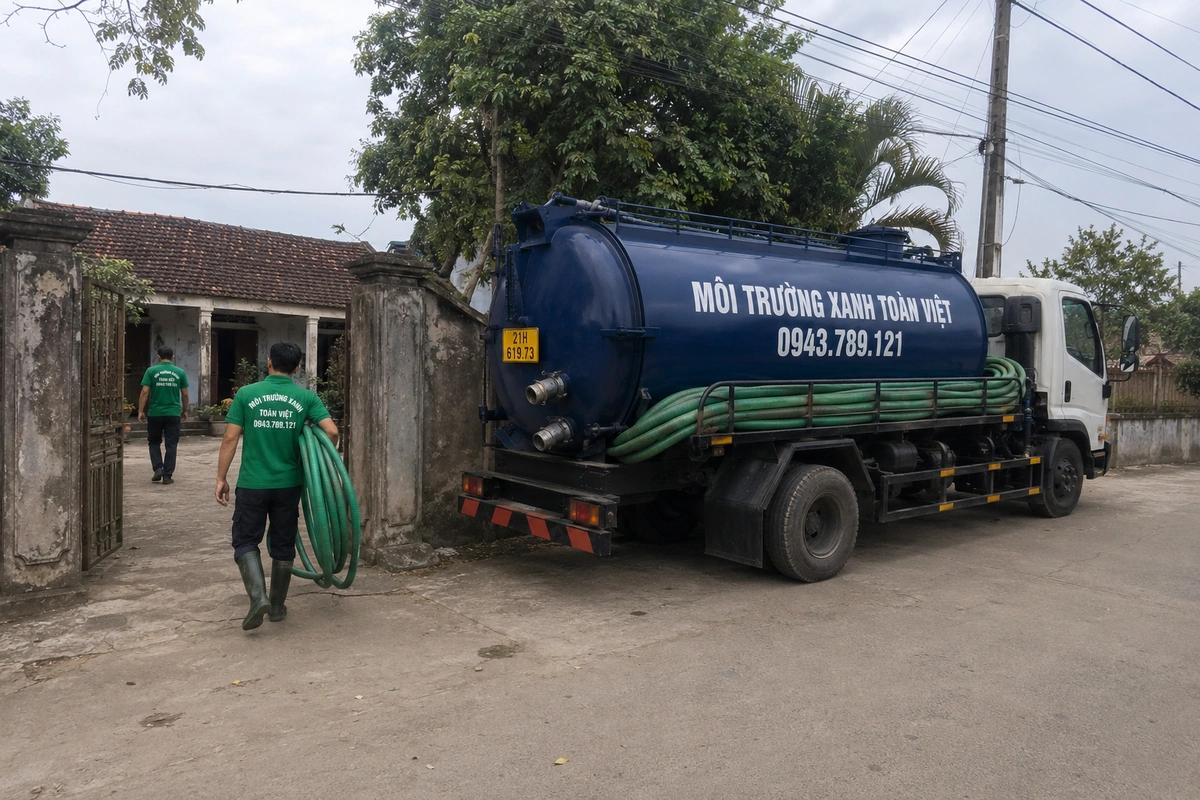 Hút Bể Phốt Tại Yên Bình 24/7, Báo Giá Theo Khối Và Khối 8 Xe hút bể phốt đỗ tại khu dân cư để triển khai công việc
