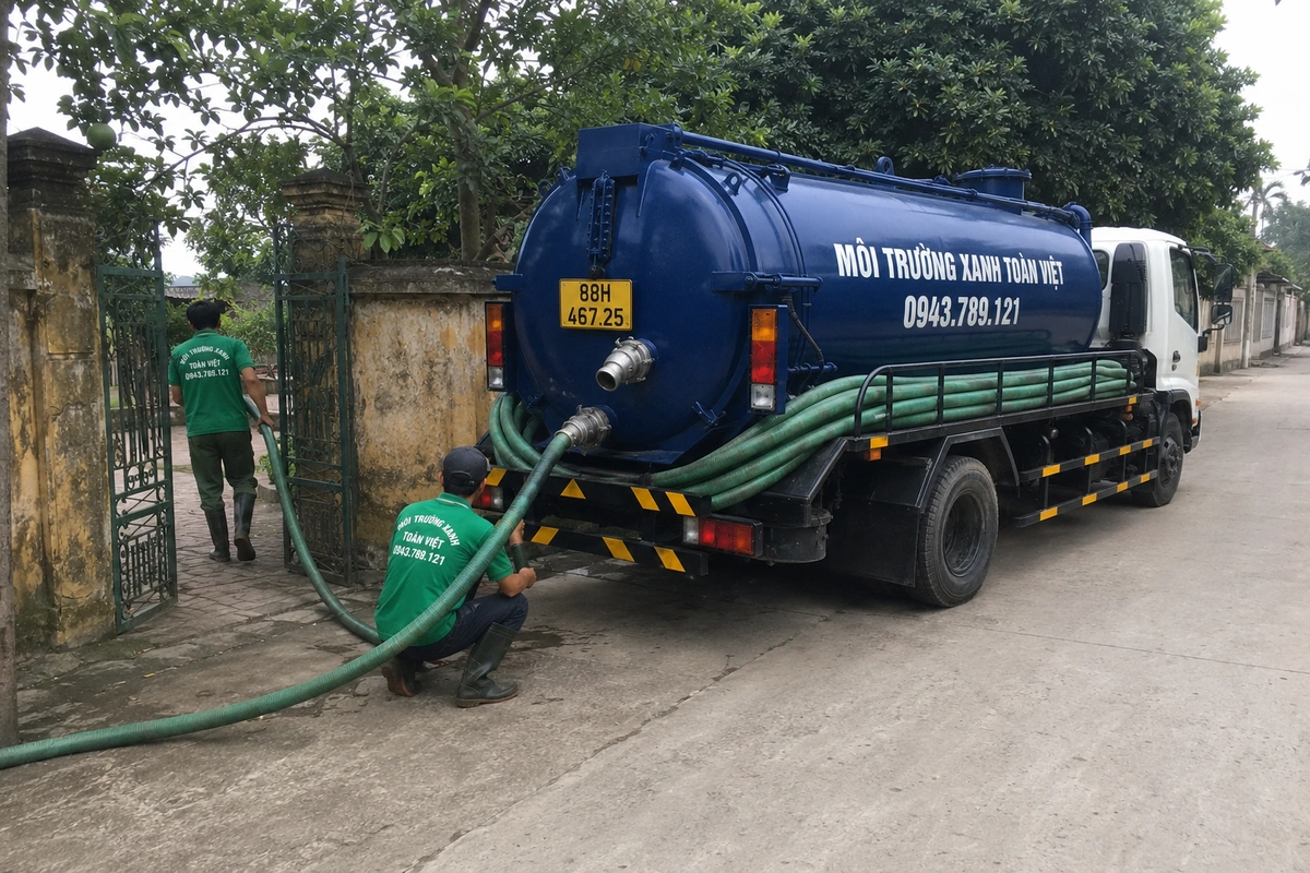 Nhân viên triển khai đường ống từ xe hút bể phốt