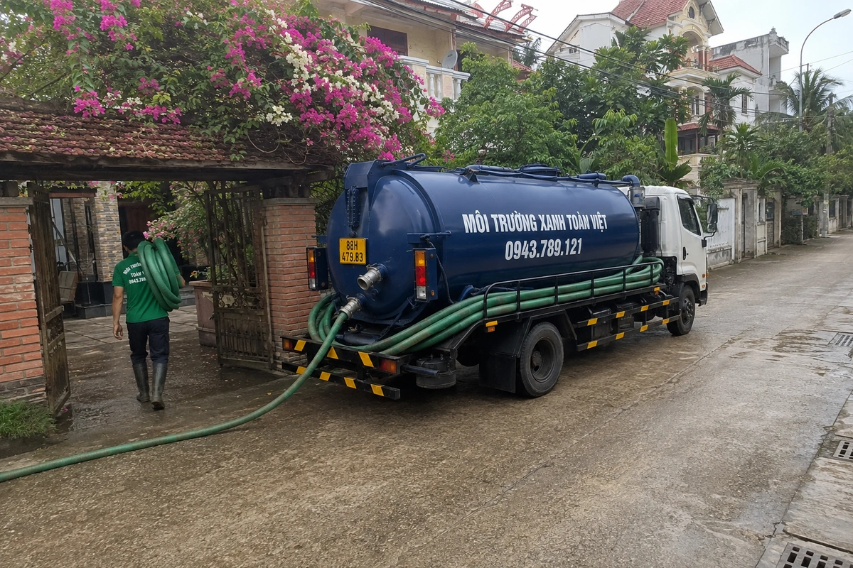 Xe hút bể phốt đỗ tại khu dân cư để làm việc