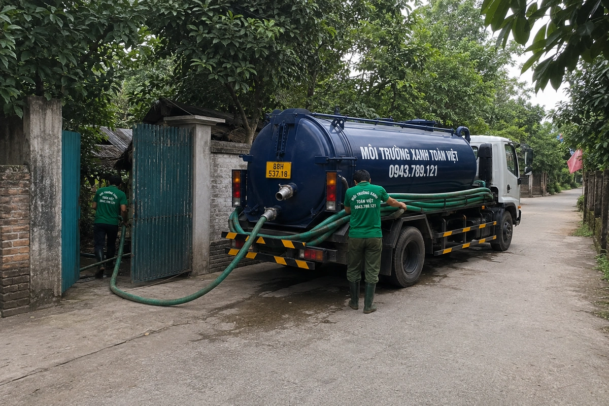 Nhân viên triển khai đường ống từ xe hút bể phốt