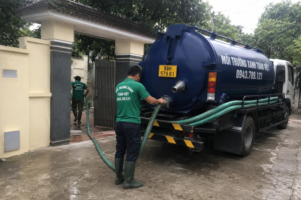 Xe hút bể phốt đỗ tại khu dân cư để làm việc