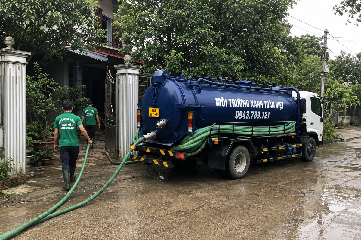Xe hút bể phốt chuyên dụng cùng đường ống phục vụ công trình