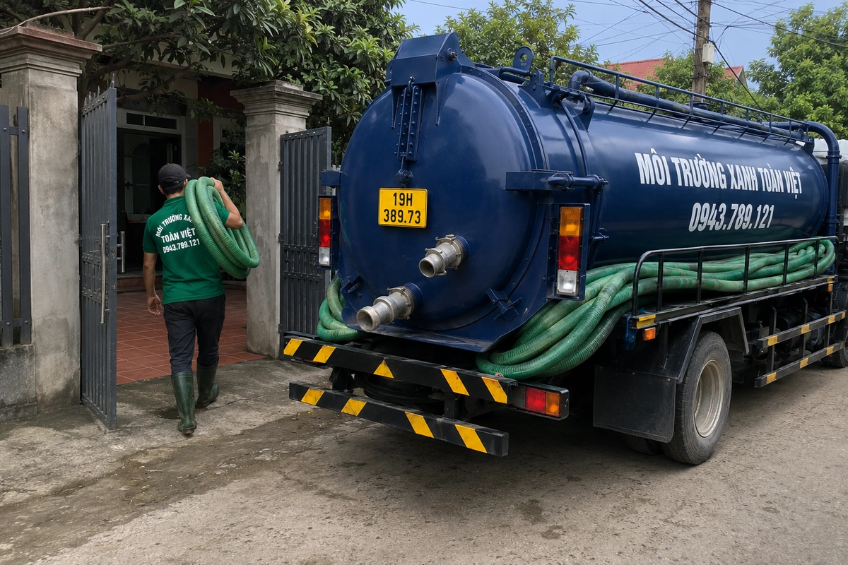 Xe hút bể phốt làm việc tại khu dân cư