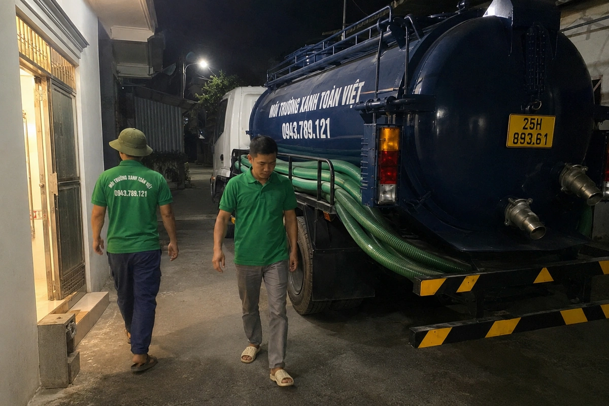 Hút Bể Phốt Tại Tân Uyên, 3 Gói Giá Rõ Ràng 24/7 6 Xe hút bể phốt cùng nhân viên chuẩn bị phục vụ công trình