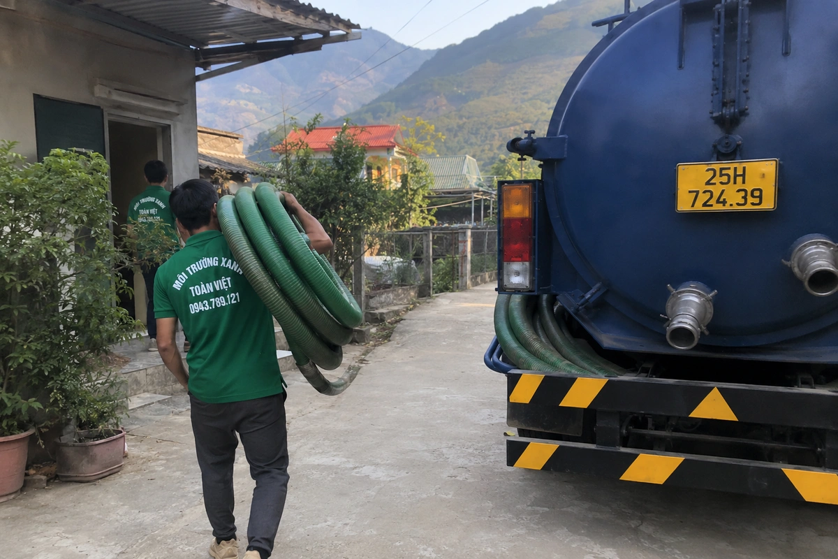 Hút Bể Phốt Tại Tân Uyên, 3 Gói Giá Rõ Ràng 24/7 9 Nhân viên triển khai đường ống hút tại công trình