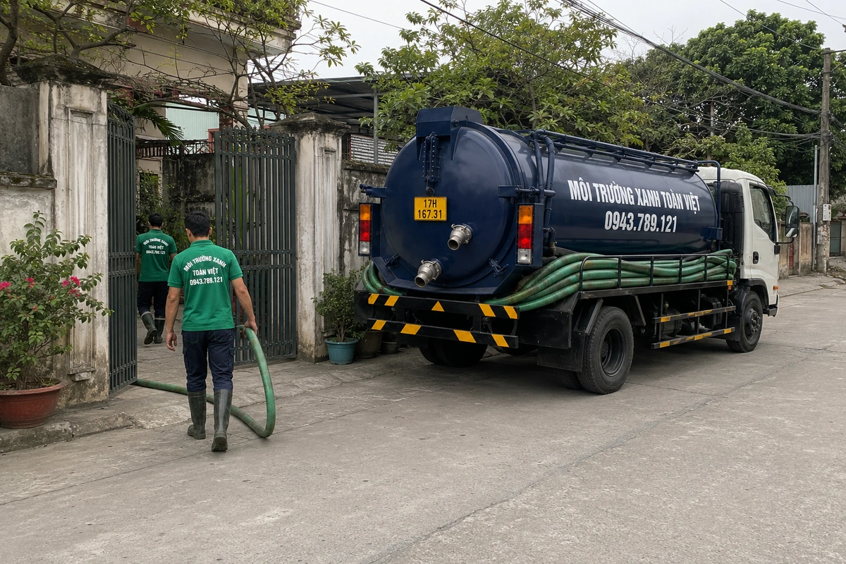 Xe hút bể phốt chuyên dụng cùng đường ống phục vụ công trình
