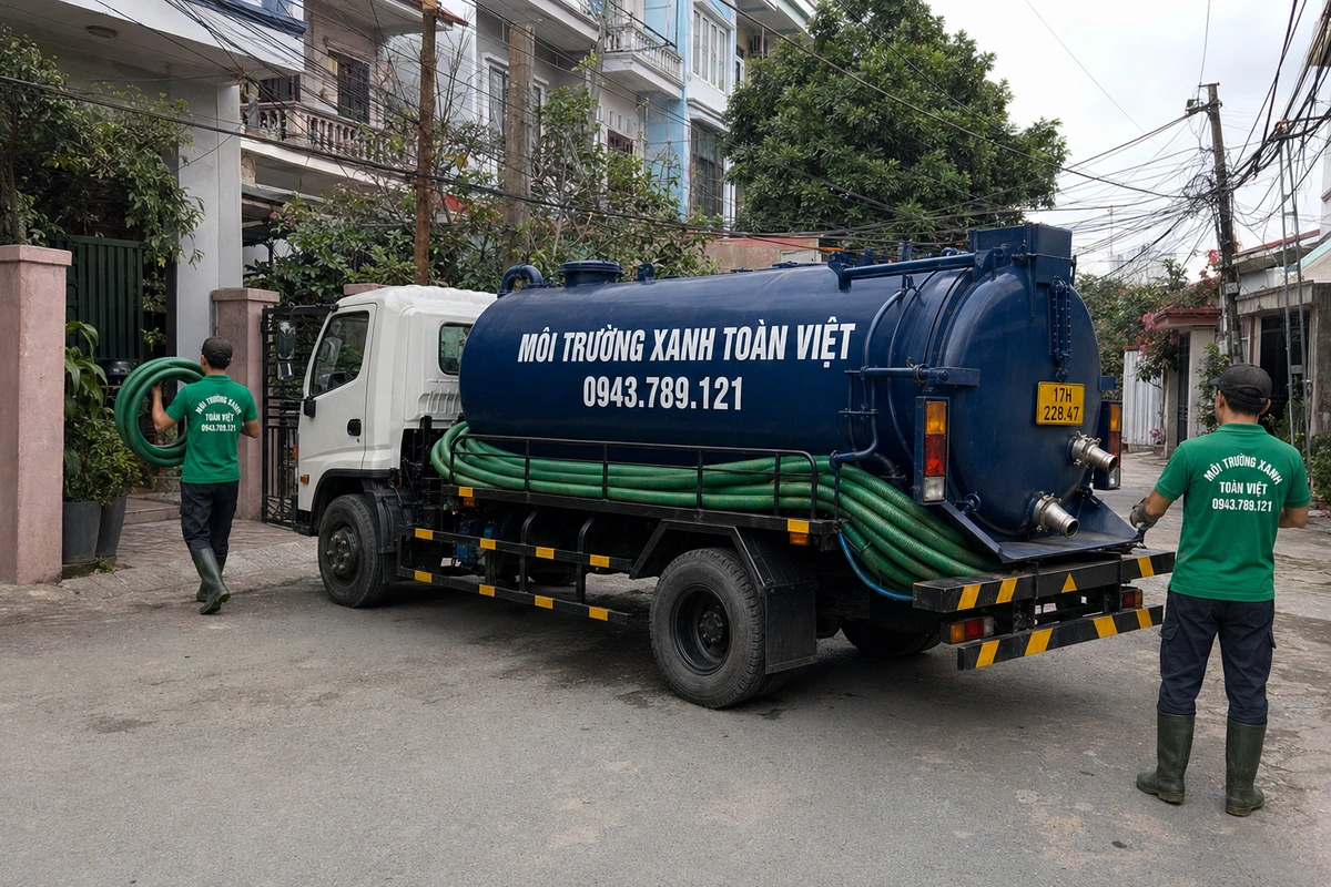Xe hút bể phốt làm việc tại khu dân cư