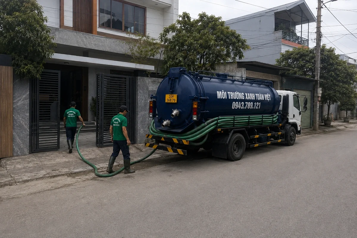 Xe hút bể phốt chuyên dụng cùng đường ống phục vụ công trình