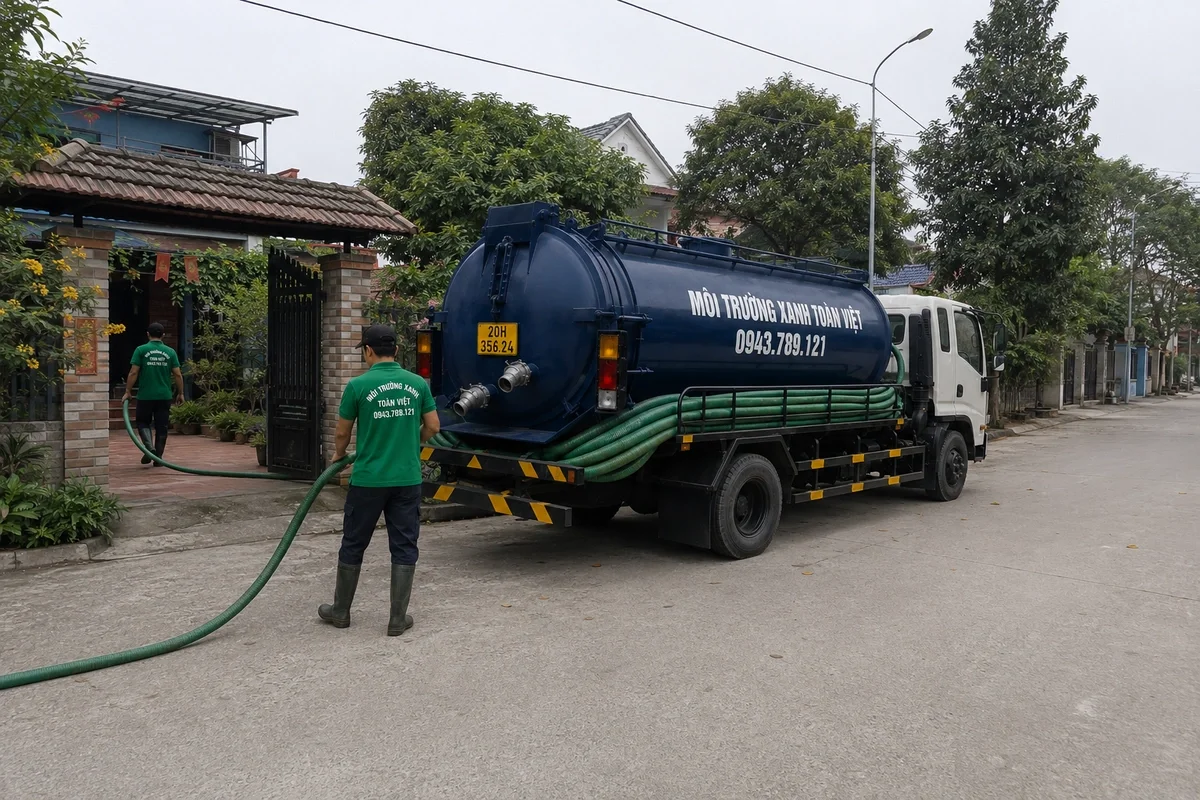 Xe hút bể phốt làm việc tại khu dân cư