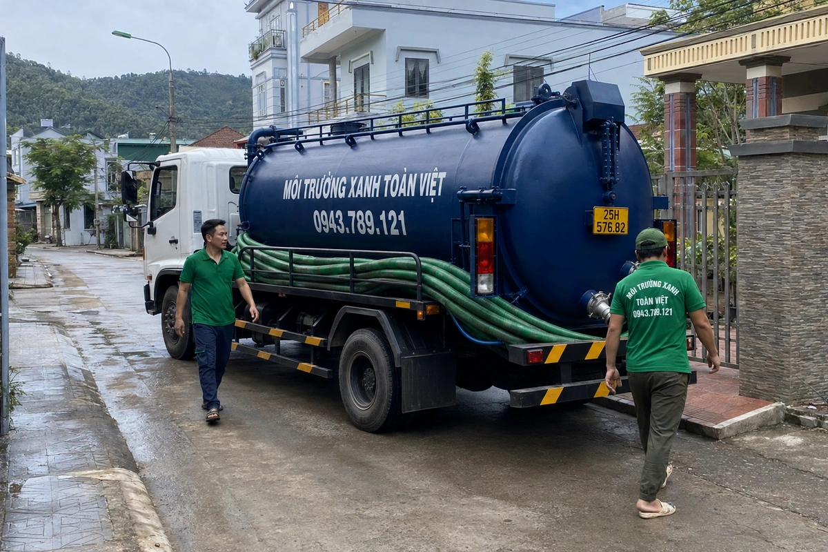 Nhân viên triển khai đường ống hút tại công trình