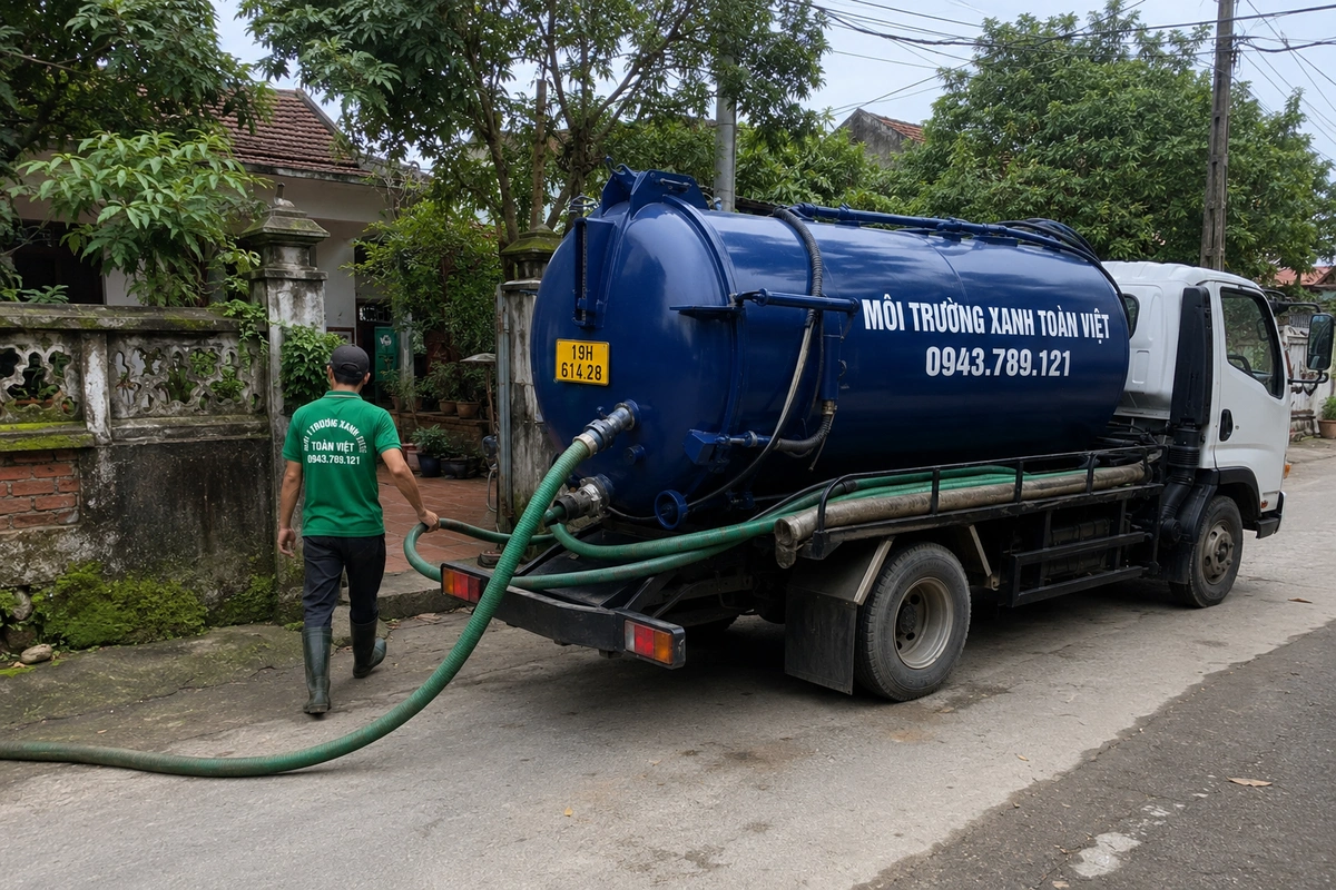 Xe hút bể phốt làm việc tại khu dân cư