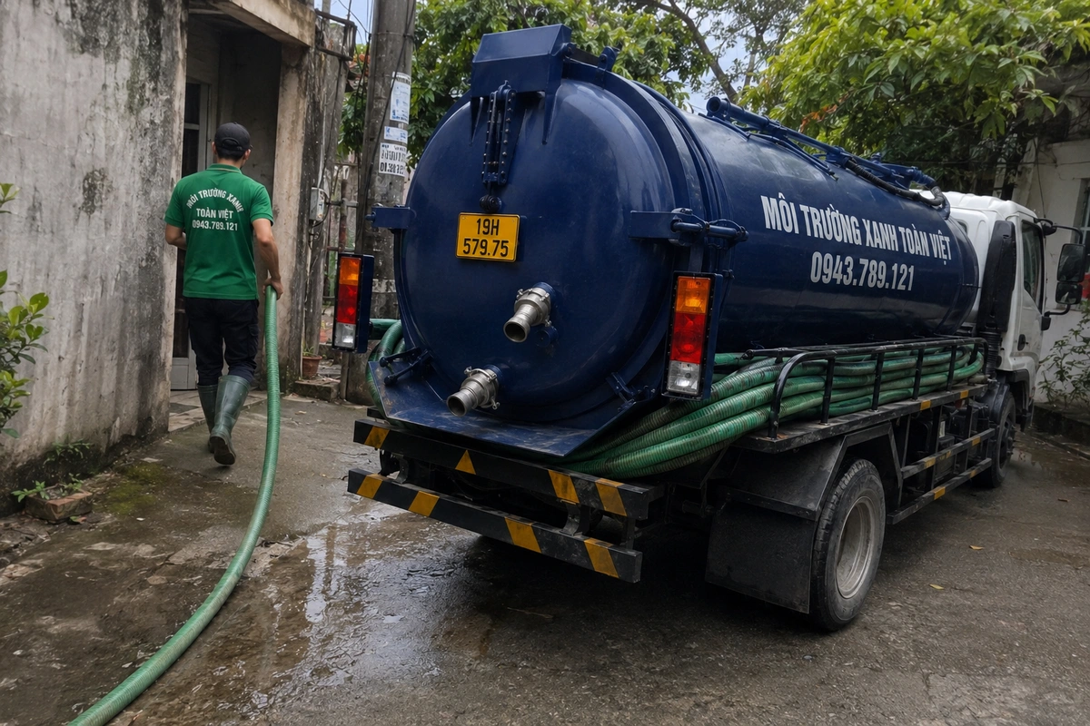 Hút Bể Phốt Tại Thanh Sơn 24/7 | Môi Trường Xanh Toàn Việt 9 Xe hút bể phốt chuyên dụng cùng đường ống phục vụ công trình