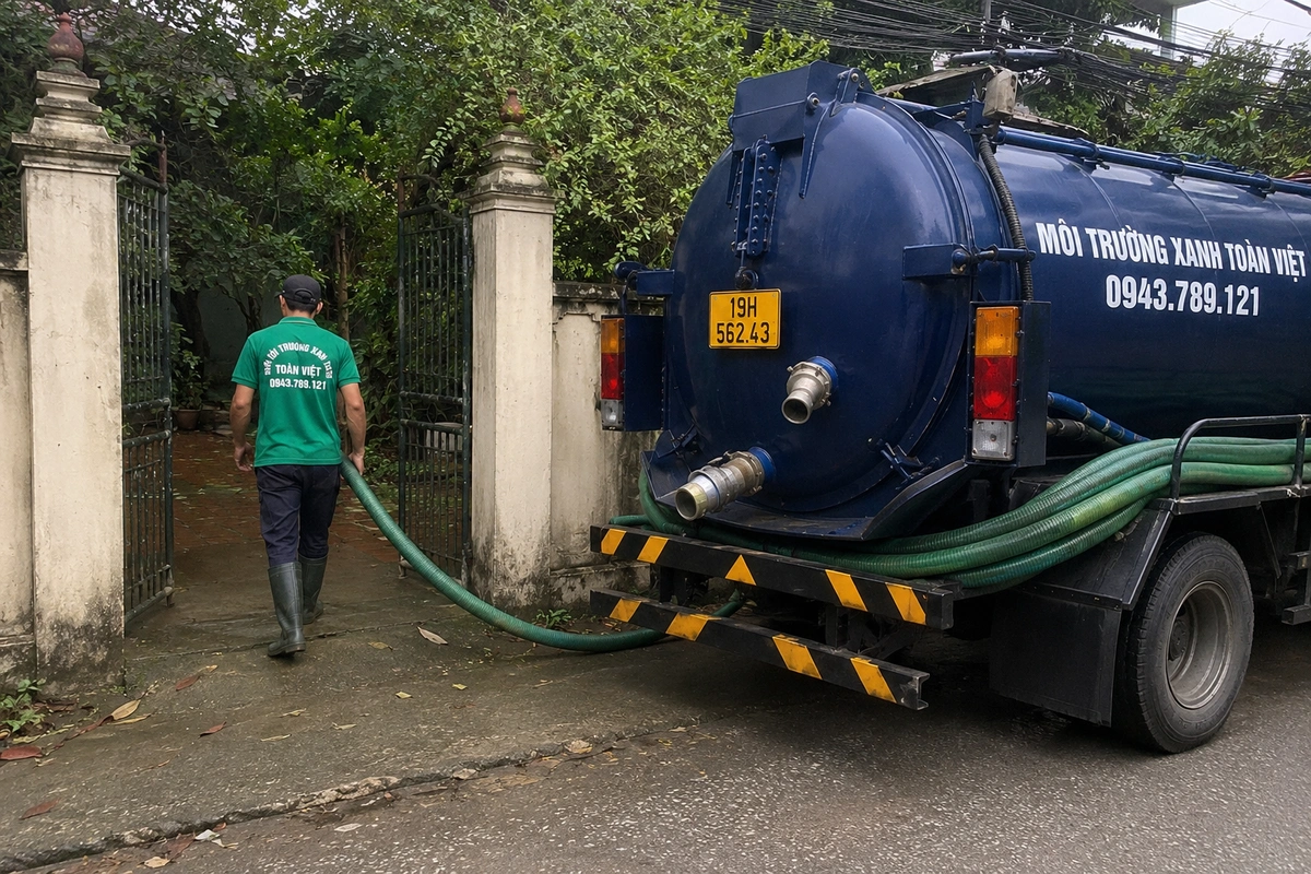 Hút Bể Phốt Tại Thanh Sơn 24/7 | Môi Trường Xanh Toàn Việt 10 Xe hút bể phốt làm việc tại khu dân cư
